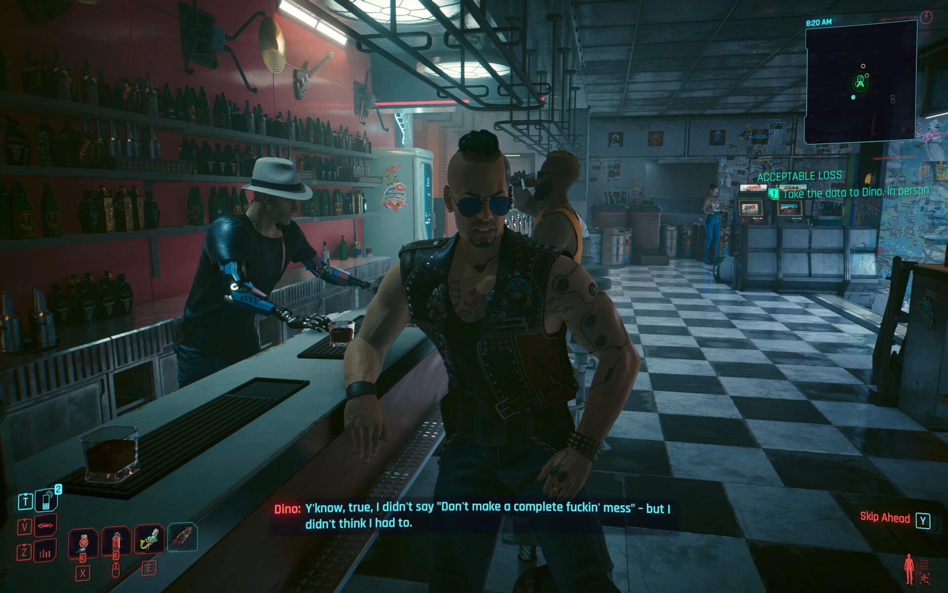 Dino Dinovic at his bar in Downtown, debriefing V at the end of the Acceptable Loss quest mod
