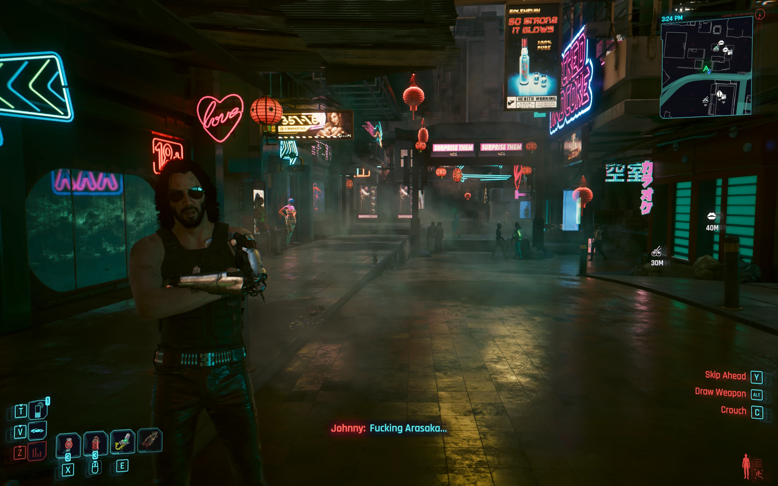 Johnny Silverhand commenting in a neon street