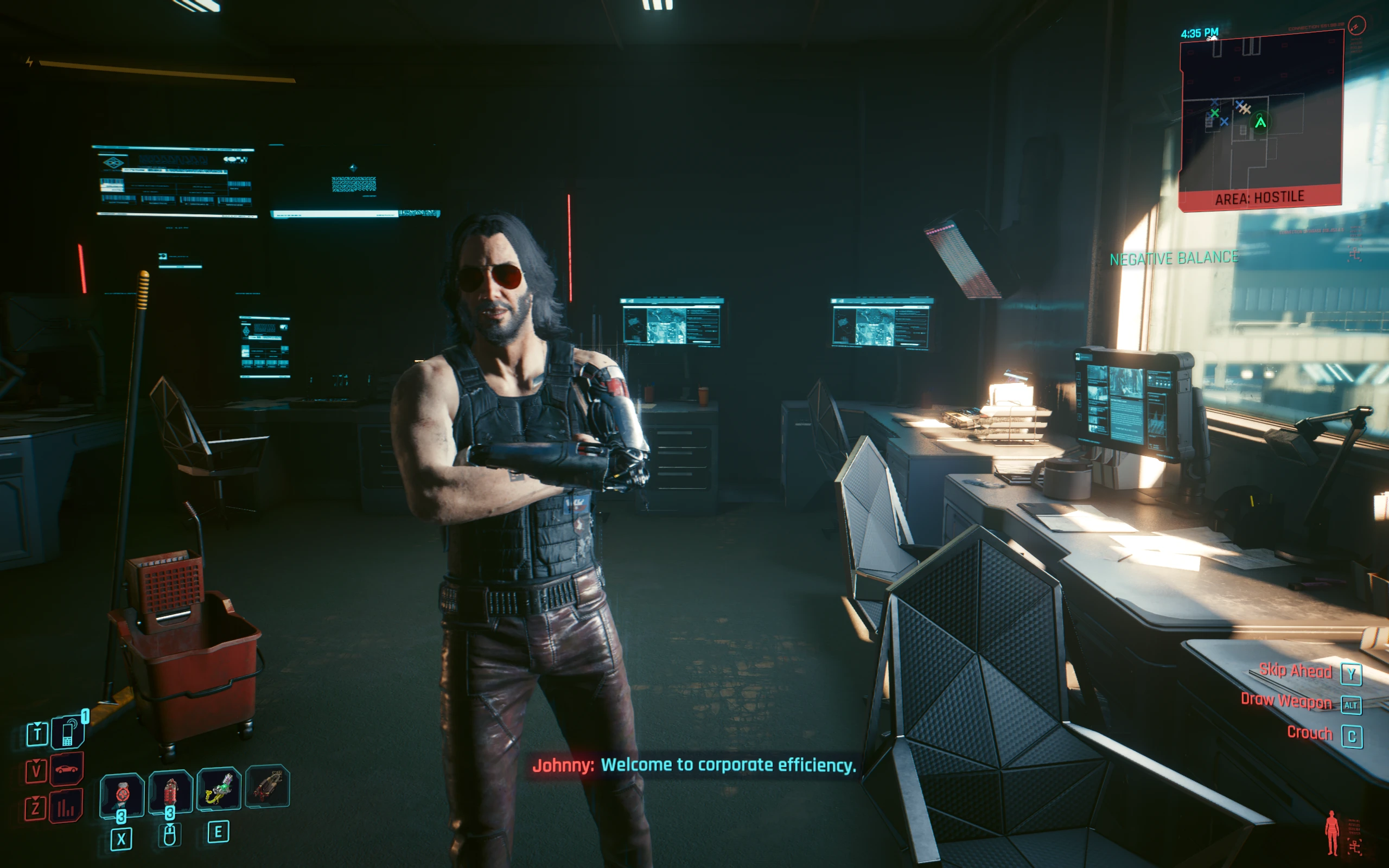 Johnny Silverhand commenting inside the Arasaka office in the Negative Balance quest mod
